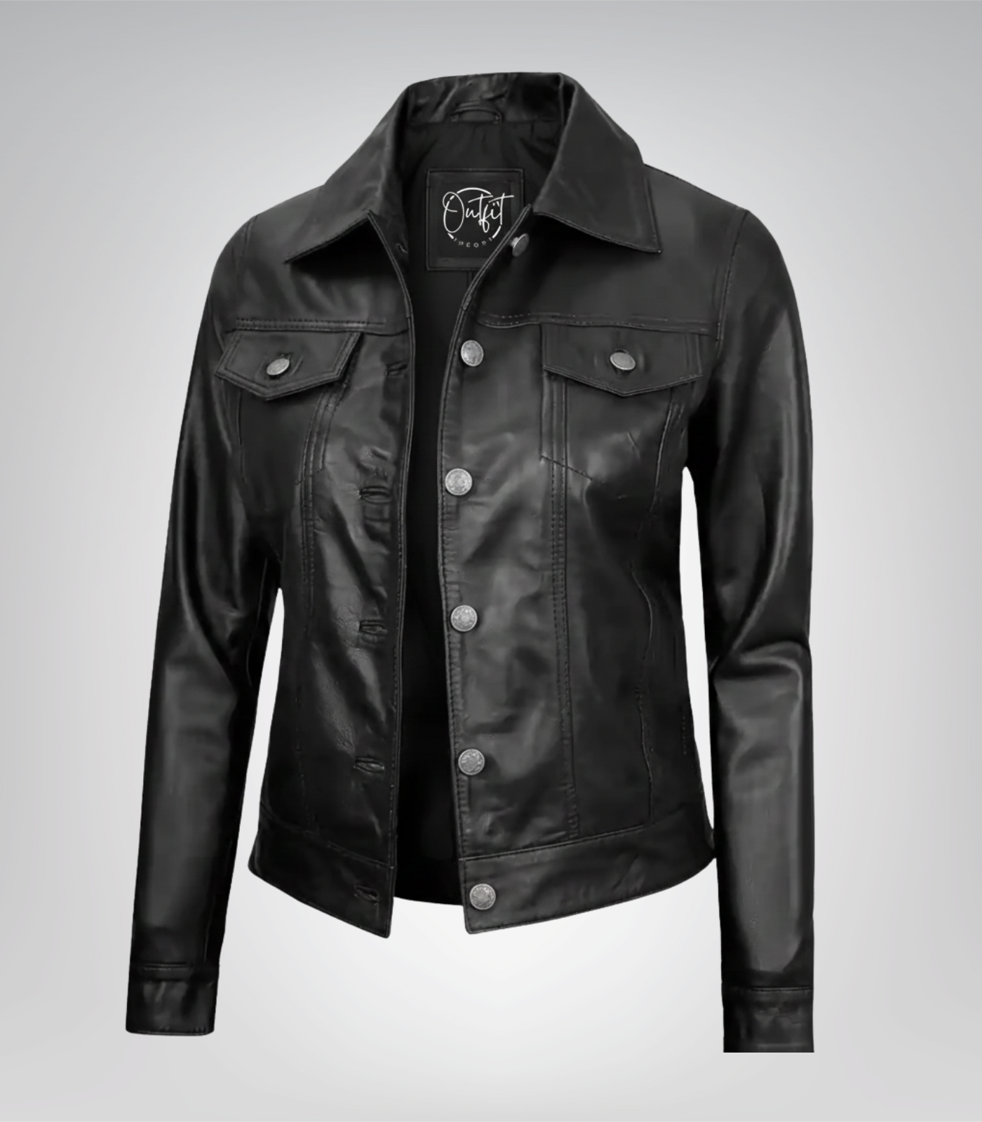 Women’s Black Lambskin Moto Trucker Jacket with Four Pockets Women’s black lambskin moto trucker jacket with four pockets