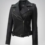 Margaret women’s genuine black leather biker jacket with belt