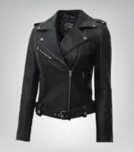 Margaret women’s genuine black leather biker jacket with belt
