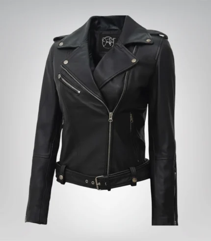 Margaret women’s genuine black leather biker jacket with belt