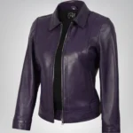 Women’s purple leather moto jacket with shirt collar
