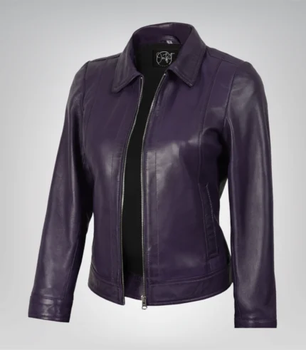 Women’s purple leather moto jacket with shirt collar