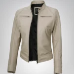 Beige leather moto jacket for women with Dodge-inspired design