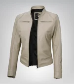 Beige leather moto jacket for women with Dodge-inspired design