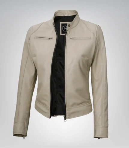 Beige leather moto jacket for women with Dodge-inspired design