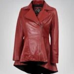 Women’s luxe red peplum leather jacket with diagonal zip closure