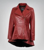 Women’s luxe red peplum leather jacket with diagonal zip closure