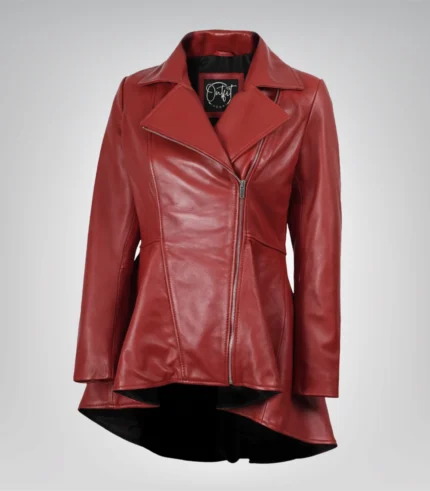 Women’s luxe red peplum leather jacket with diagonal zip closure
