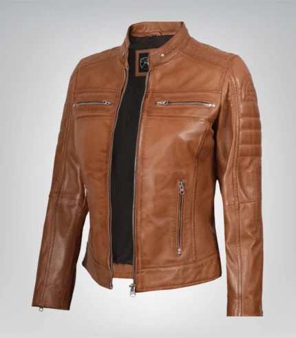 Women’s tan leather biker jacket