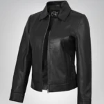 Jose women’s black leather Harrington jacket with shirt collar