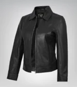 Jose women’s black leather Harrington jacket with shirt collar