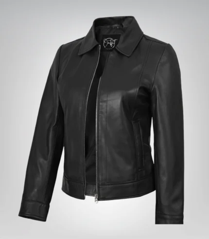 Jose women’s black leather Harrington jacket with shirt collar