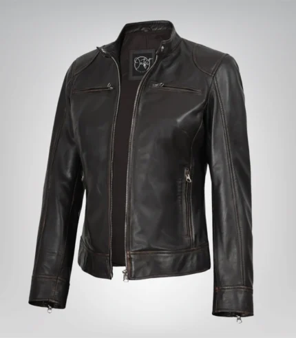 Women’s distressed brown leather motorcycle jacket – Dodge design