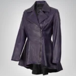 Purple peplum leather jacket for women with frock-style silhouette