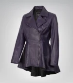 Purple peplum leather jacket for women with frock-style silhouette