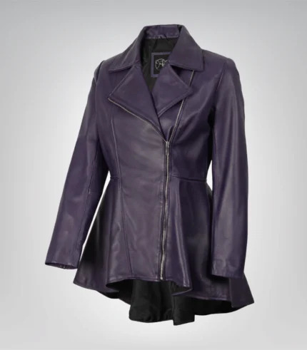 Purple peplum leather jacket for women with frock-style silhouette