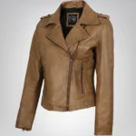 Women’s camel brown genuine leather biker jacket