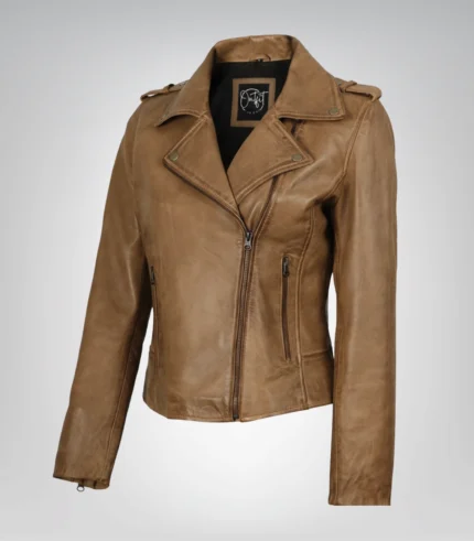 Women’s camel brown genuine leather biker jacket