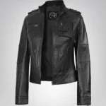 Classic biker-inspired women’s black leather moto jacket