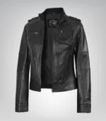 Classic biker-inspired women’s black leather moto jacket