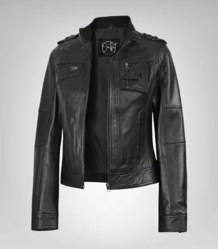 Classic biker-inspired women’s black leather moto jacket