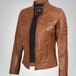 Women’s tan leather moto jacket with timeless biker design