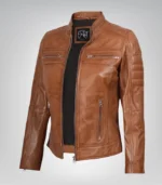 Women’s tan leather moto jacket with timeless biker design