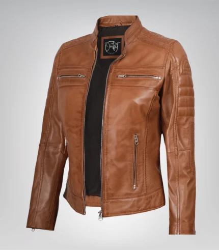Women’s tan leather moto jacket with timeless biker design