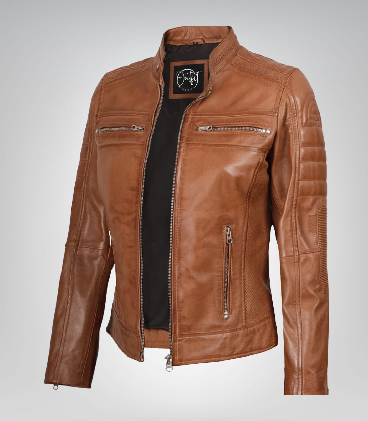 Women’s Tan Leather Moto Jacket – Timeless Biker Design Women’s tan leather moto jacket with timeless biker design