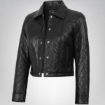 Women’s black real leather quilted crop jacket
