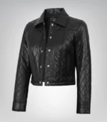 Women’s black real leather quilted crop jacket
