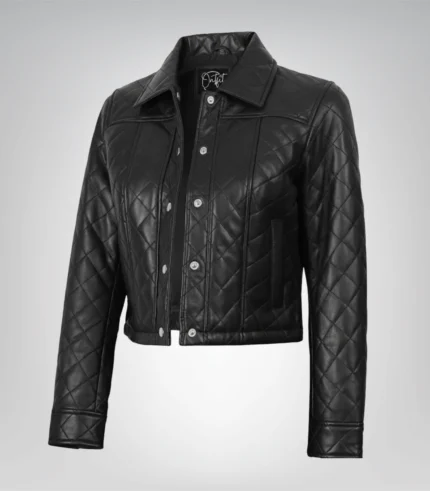 Women’s black real leather quilted crop jacket