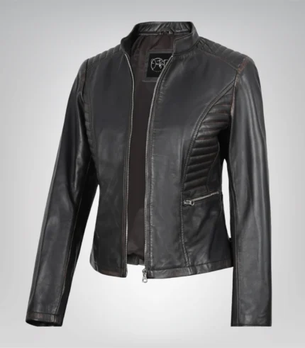 Women’s distressed brown moto leather jacket