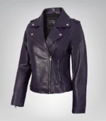 Women’s genuine lambskin asymmetrical biker jacket in purple