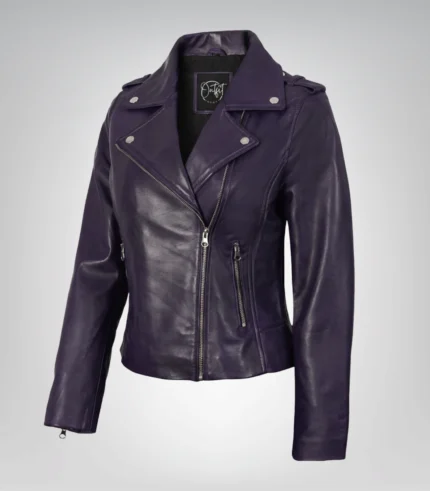 Women’s genuine lambskin asymmetrical biker jacket in purple