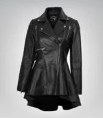 Women’s black leather peplum jacket with asymmetrical design