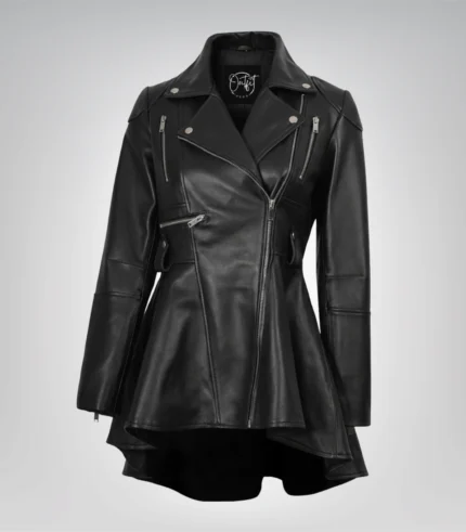 Women’s black leather peplum jacket with asymmetrical design