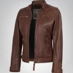 Women’s cognac moto leather jacket with quilted shoulder detail