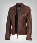 Women’s cognac moto leather jacket with quilted shoulder detail