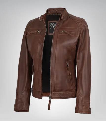 Women’s cognac moto leather jacket with quilted shoulder detail