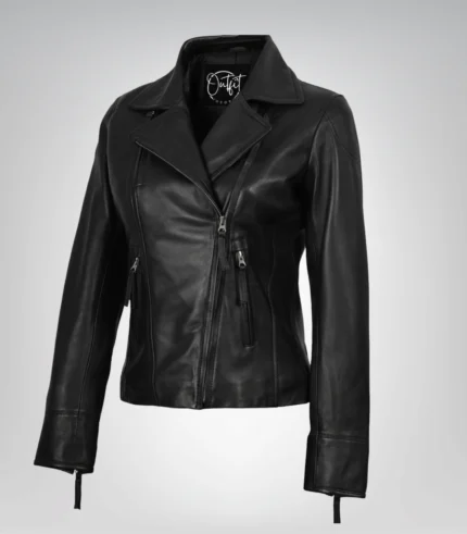 Ramsey women’s genuine black leather asymmetrical biker jacket