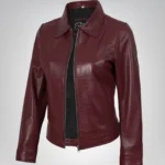 Women’s burgundy leather jacket featuring a classic shirt collar