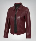 Women’s burgundy leather jacket featuring a classic shirt collar