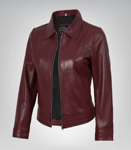 Women’s burgundy leather jacket featuring a classic shirt collar