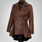 Women’s cognac leather jacket with flared peplum design