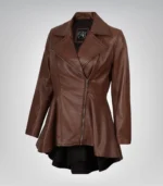 Women’s cognac leather jacket with flared peplum design