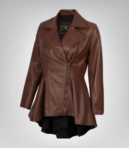 Women’s cognac leather jacket with flared peplum design
