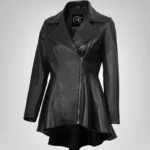 Clarissa women’s black leather jacket with flared peplum design