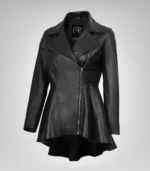 Clarissa women’s black leather jacket with flared peplum design