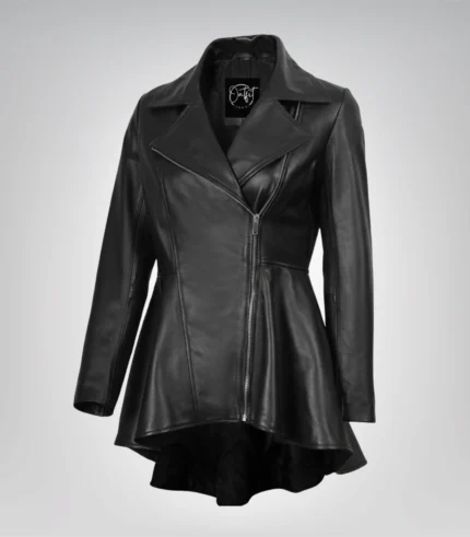Clarissa women’s black leather jacket with flared peplum design